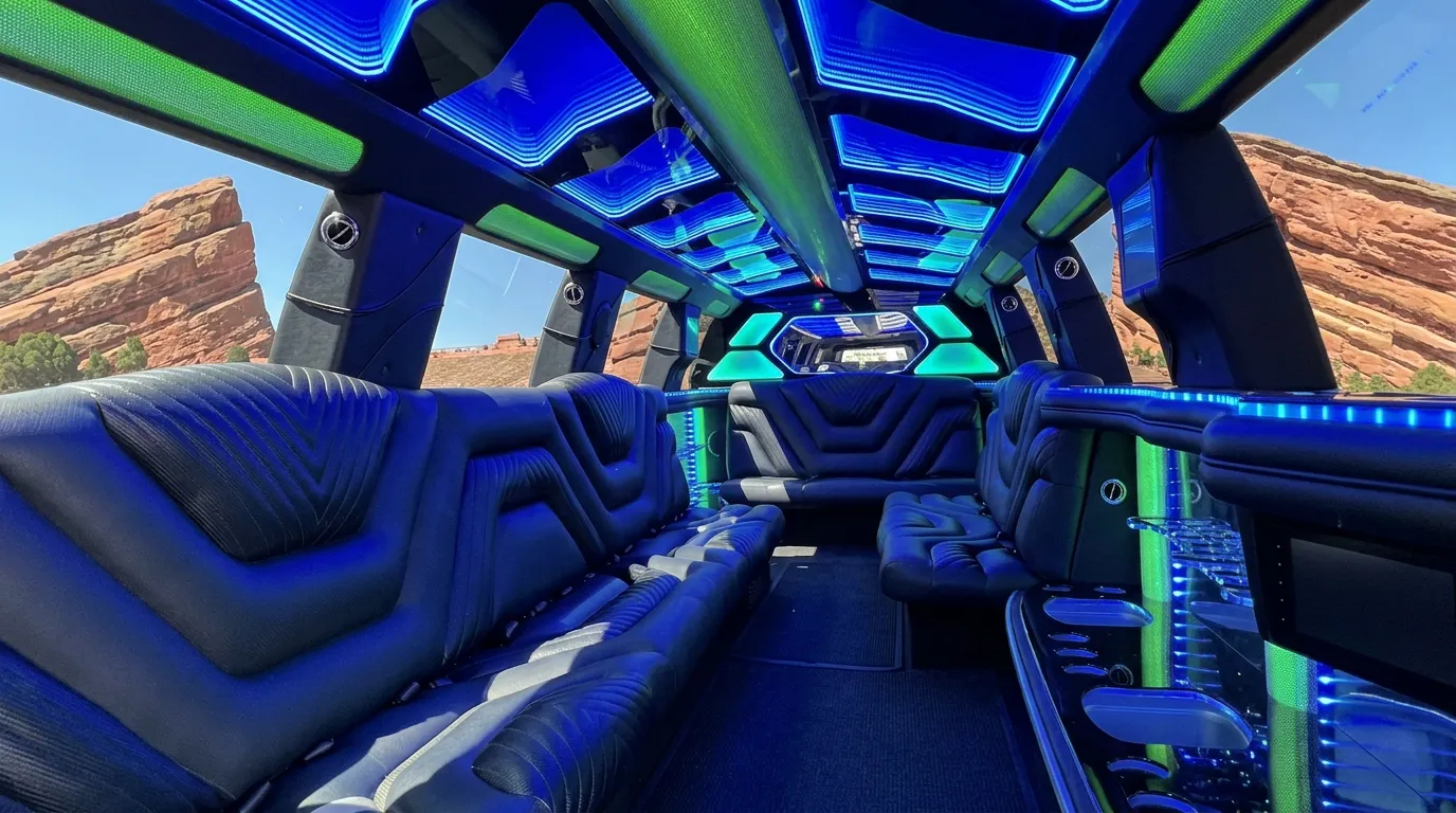 Inside the Chevy Suburban limo in Fort Lupton: LED light-show ceiling, leather lounge seating and lit bar