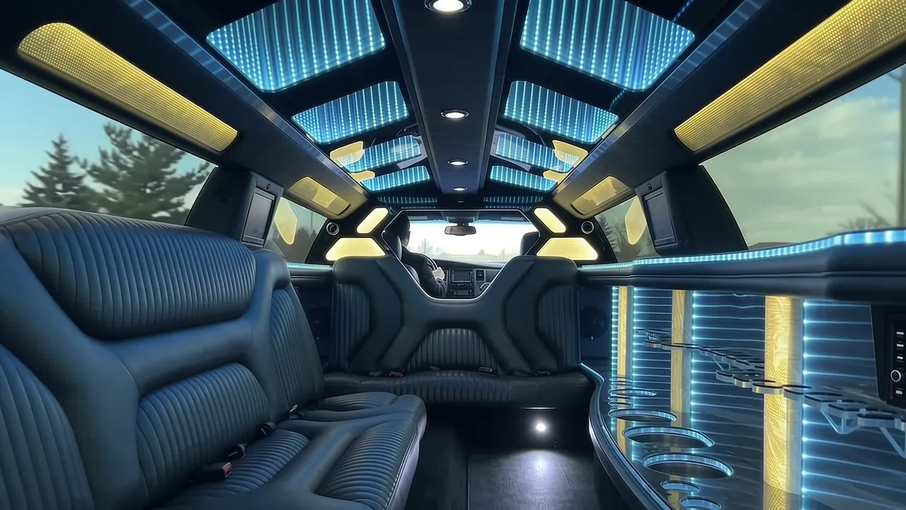 Inside the Dodge Charger limo in Fort Lupton: LED light-show ceiling, leather lounge seating and lit bar
