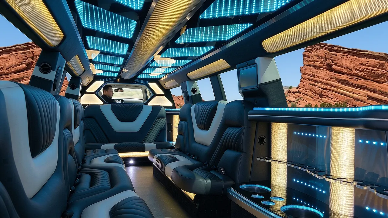 Inside the Mercedes GLS limo in Fort Lupton: LED light-show ceiling, leather lounge seating and lit bar